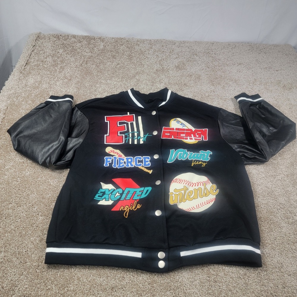 SHEIN Baseball Jacket‎ Varsity Style Graphic Print Black Faux Leather L